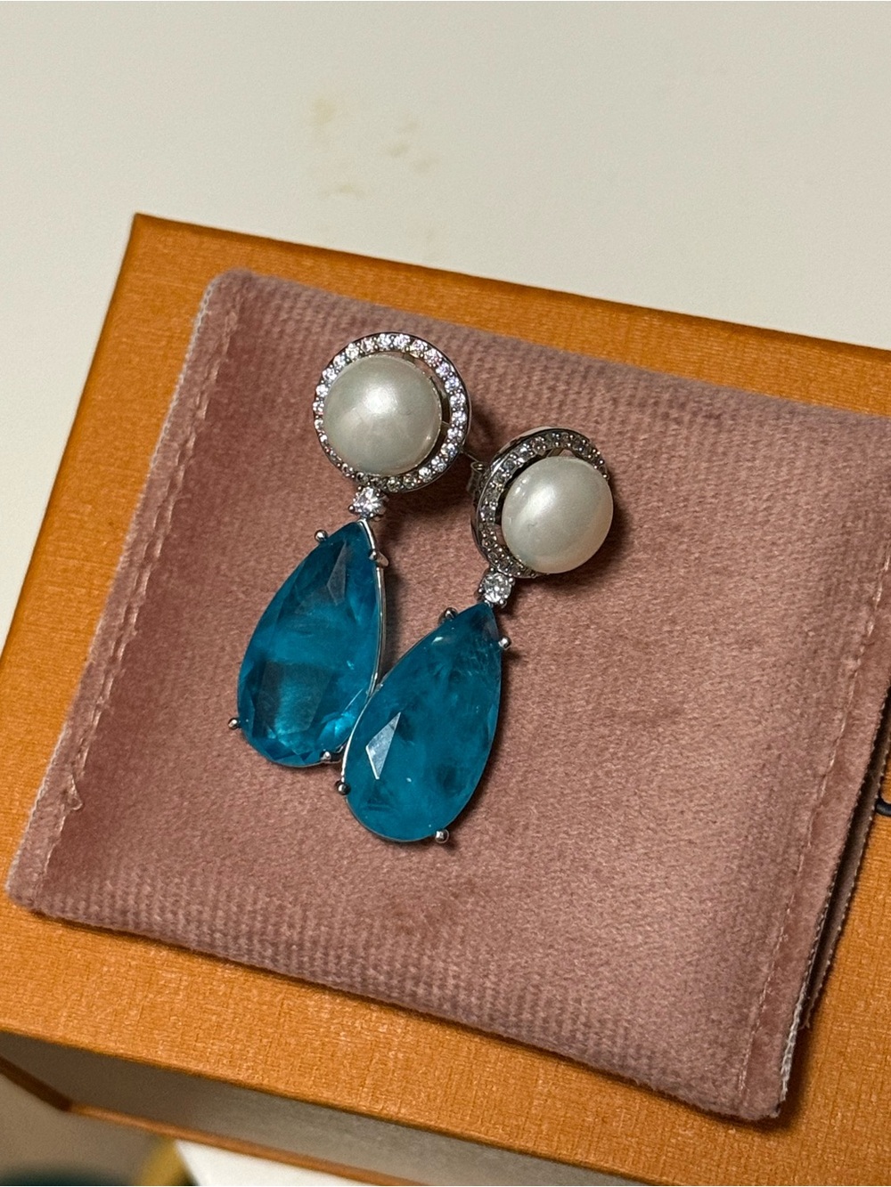 Pearl and Teardrop Blue Crystal Drop Earrings